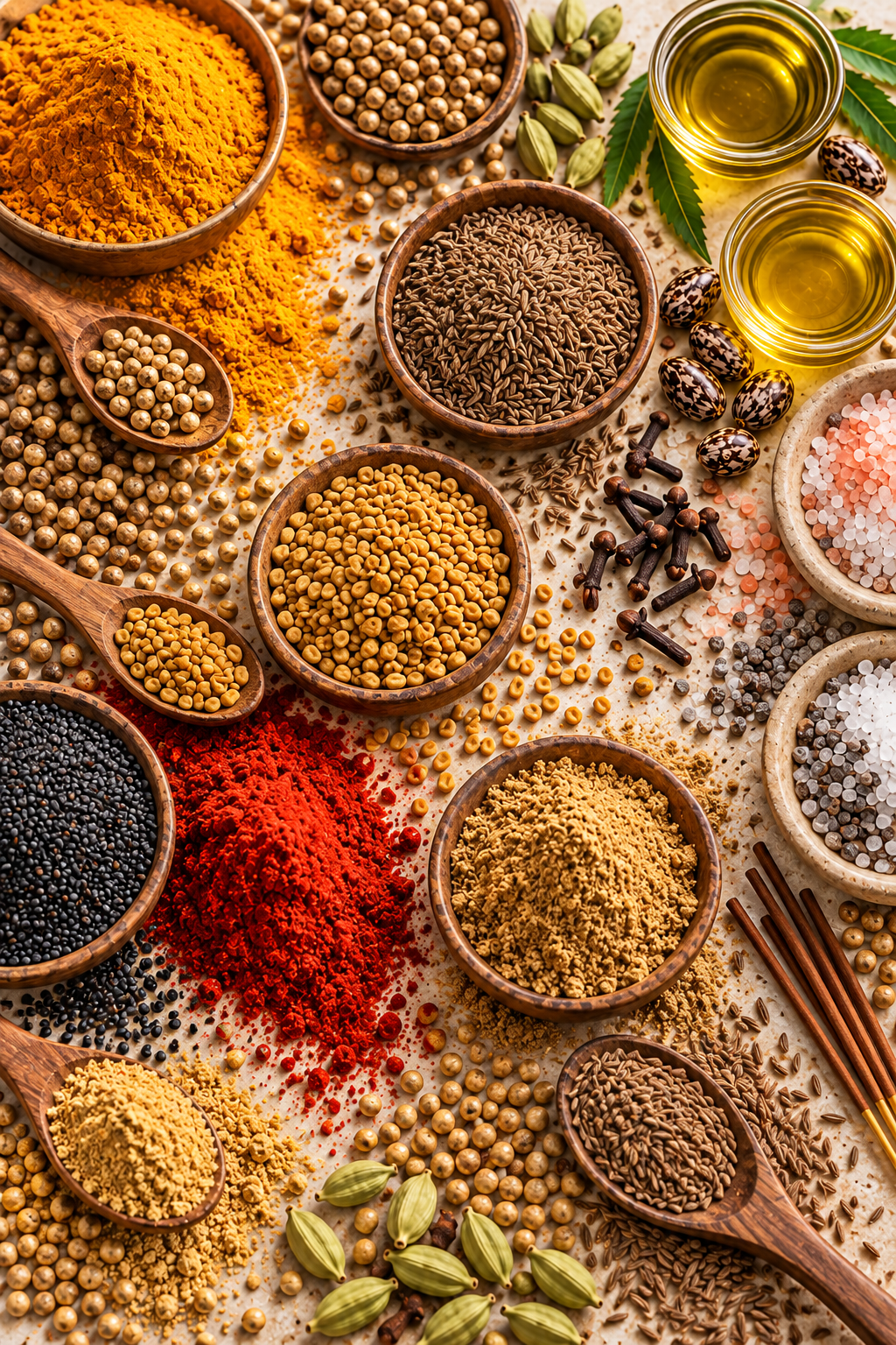 Overhead arrangement of whole spices, colorful powders, seeds, natural salts, oils, and incense